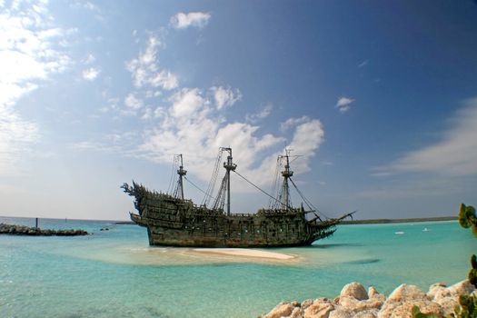 A replica of an old ship in the Caribbean.