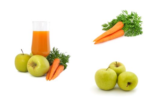collage Carrot juice with apples and carrots on a white background
