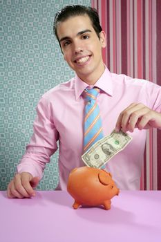 Businessman with piggy bank and one dollar note saving money