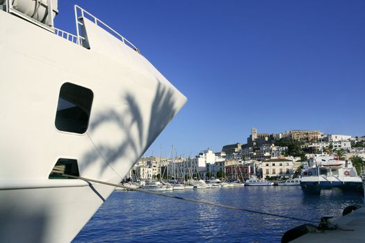 Ibiza landmark island in Mediterranean sea, blue harbor view