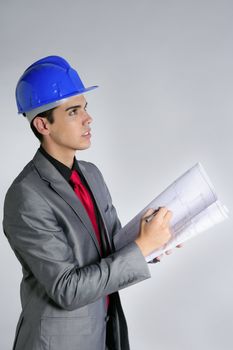 Architect engineer with blue hardhat and suit isolated on gray