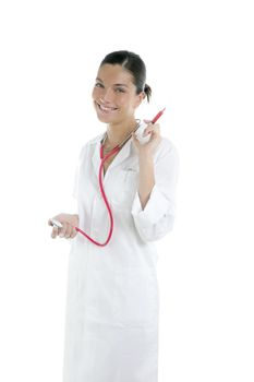 Beautiful woman doctor with red syringe injection in hand