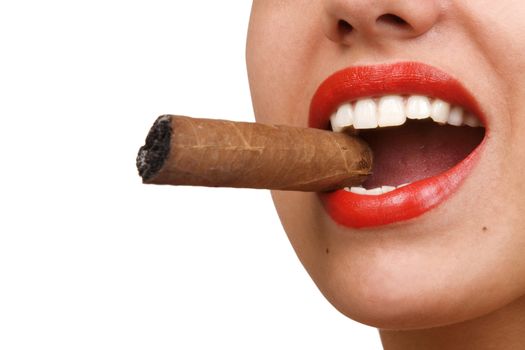 Smoking woman, mouth with red lips biting a cigar, selective focus