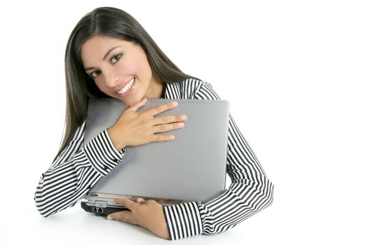 Brunette woman hug laptop computer, she love her work