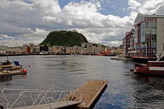 City of Aalesund, Norway with the harbour and the mountain called Aksla
