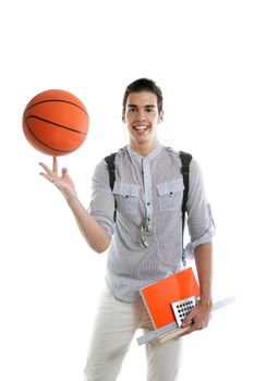 American look student boy with basket ball and notebook isolated on white