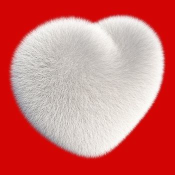 White fur heart isolated on white background 3d render
