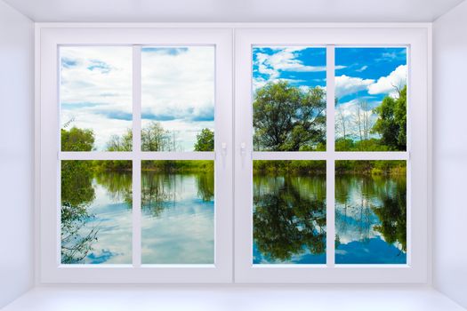 The nature behind a window 3d render with inserted photo