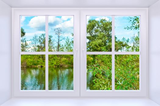 The nature behind a window 3d render with inserted photo