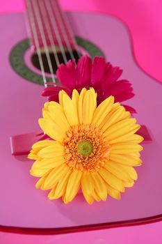 Hippie flower power yellow pink gerbera on guitar still music metaphor