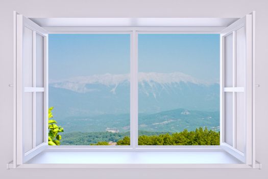 The nature behind a window 3d render with inserted photo