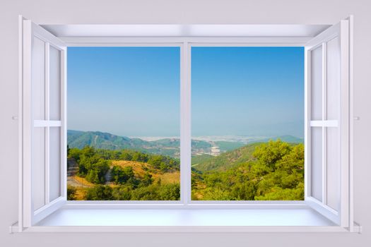 The nature behind a window 3d render with inserted photo