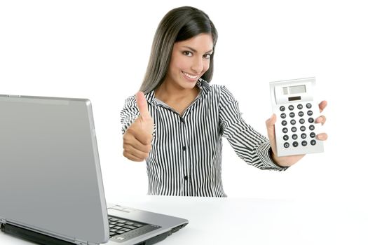 Calculator businesswoman happy for good stats results on white background