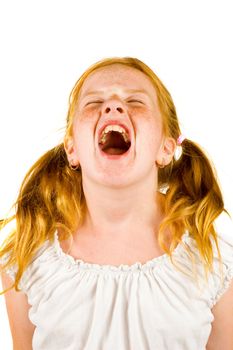 Image of young girl screaming on a white background
