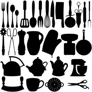 Isolated silhouettes of Kitchen related objects