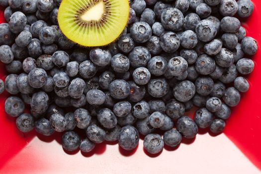 Macro Kiwi and Blueberries Background on Red Dish with Copy Space.