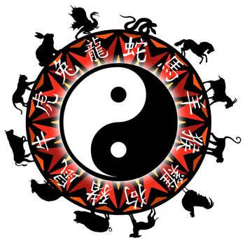 Chinese Zodiac with animal silhouettes and Chinese text