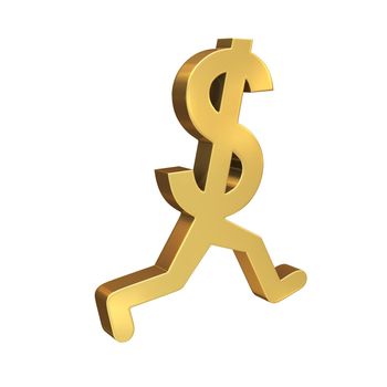 A gold dollar symbol with legs running by the viewer. 