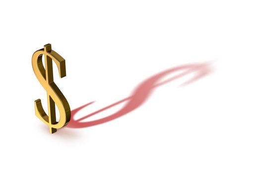 A gold dollar sign casting a red shadow.