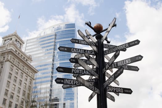 Directional Signpost to World Landmarks in Downtown Portland Oregon