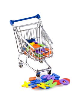 Shopping cart with colored letters on a white background.