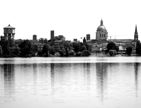 Black and white profile of Mantova, Italy.