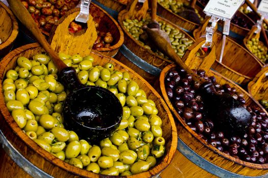 Olives for sale in a market.