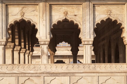 White marble colonnaded arches of the Diwan - i-Aam (Public Audience Chamber) inside the Red Fort in Agra, India