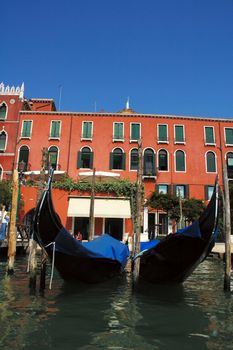 Anchored gondolas at grand canal