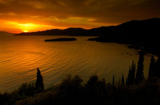 Picture shows a spectacular sunset over the bay of Kardamili, southern Greece