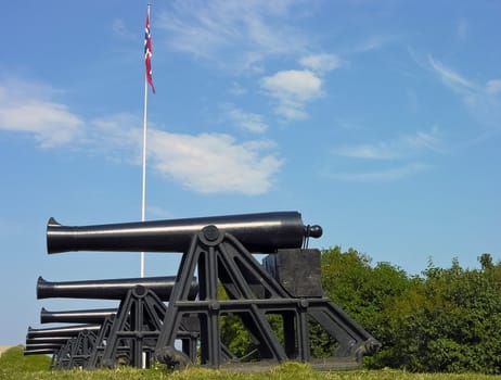 Old military historical defence cannons deployed in a row