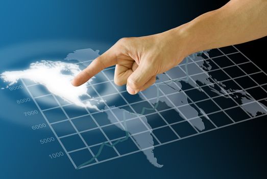 Finger push the America map with stock exchange's statistic graph