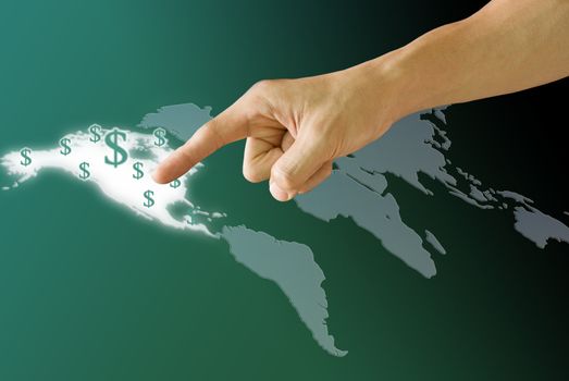 Finger push the America map with Dollar icon