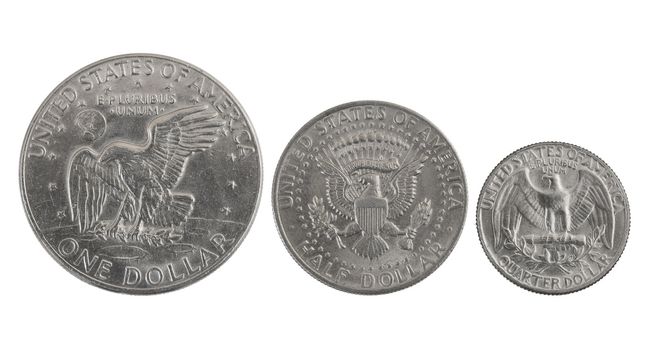 old USA silver coins with eagles: one, half and a quarter of dollar

