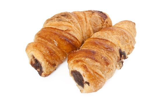 two pastry roll with chocolate isolated on white background