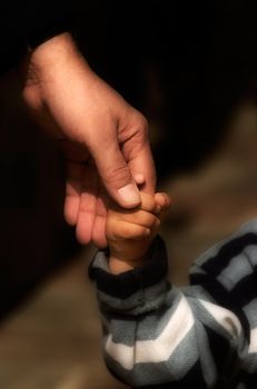 Image shows a hand of an adult holding the hand of a small child
