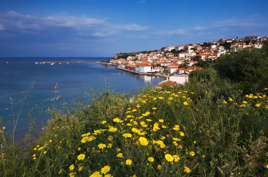 Picture of the town of Koroni with yellow daisies in the foreground