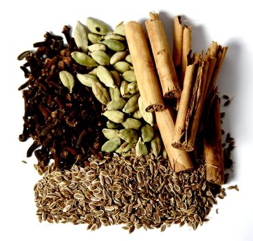 Assorted spices on white background