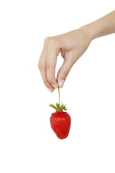 Hand with fresh strawberry isolated on white background