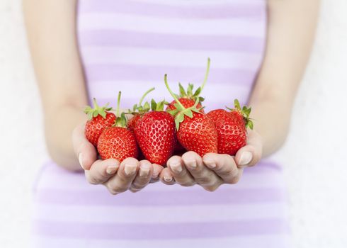 Girl hold fresh strawberries. Shallow DOF, focus on strawberries.