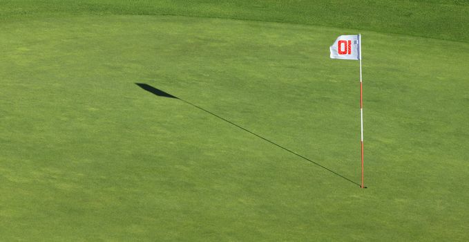 A flagpole and its shadow near the hole on a green golf field.