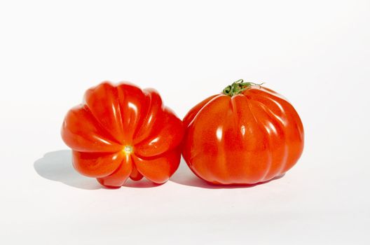 Two intresting red tomatoes with shadows on a white background. Ecological and healthy begetables.