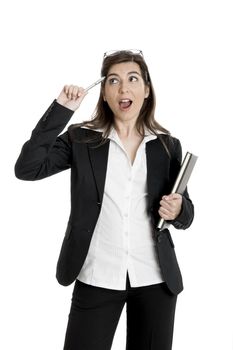 Portrait of a beautiful business woman having an idea, isolated on white.