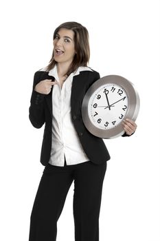 Happy business holding a clock isolated on white 