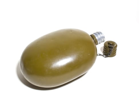 soldier's old flask on a white background and by the unscrewed lid
