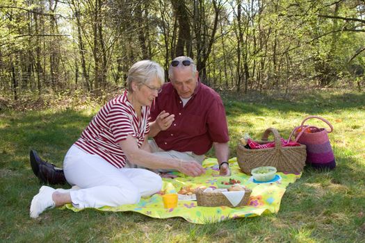 Elderly couple enjoying a sunday afternoon with a picnic (focus on man and some movement in the woman moving forward)