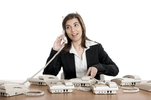 Beautiful woman very busy working on call center