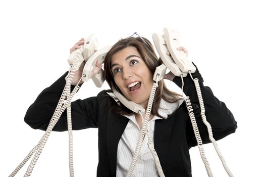 Busy woman working and answering a lot of calls at the same time