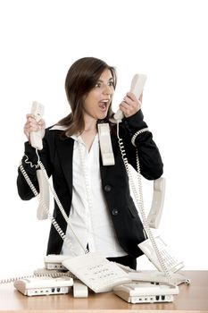 Busy woman working and answering a lot of calls at the same time