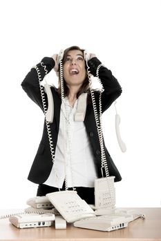 Busy woman working and answering a lot of calls at the same time